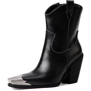 🆕Women Black Western Ankle Boots Metal Toe Booties Stacked Block Heeled Shoes
